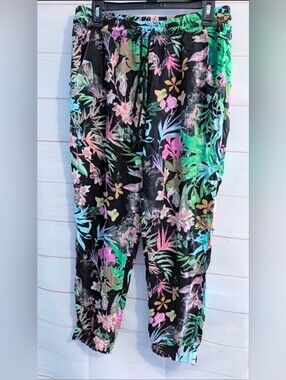 INC International Concepts Floral Black Multi-Color Elastic Waist Pants Size XL